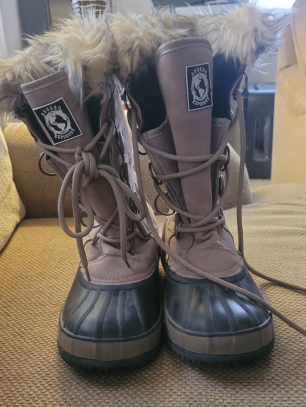 Brand  Rugged Exposure Women's Taupe Lace-Up Faux Fur Winter Boots
